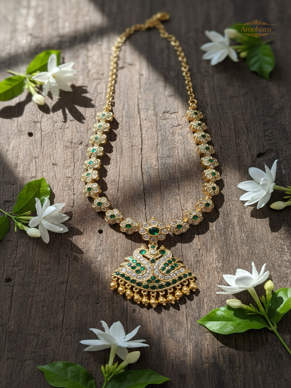 Emerald and AD stone panchaloham Adige Necklace