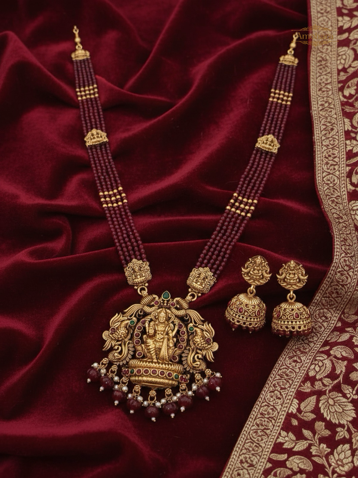 Lakshmi Ruby Beaded Haram with Jhumka Set