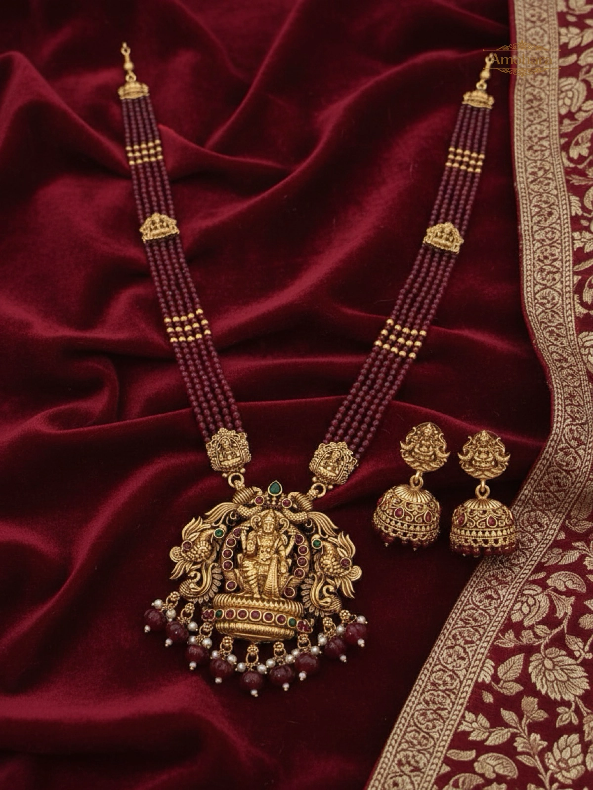 Lakshmi Ruby Beaded Haram with Jhumka Set