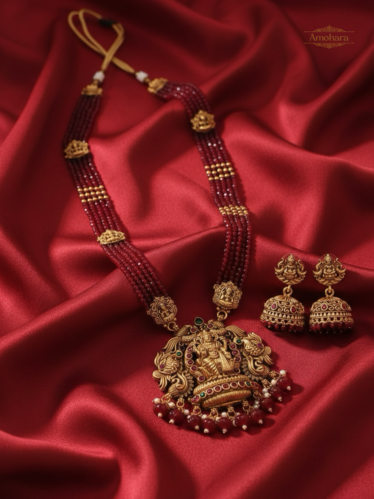 Lakshmi Ruby Beaded Haram with Jhumka Set