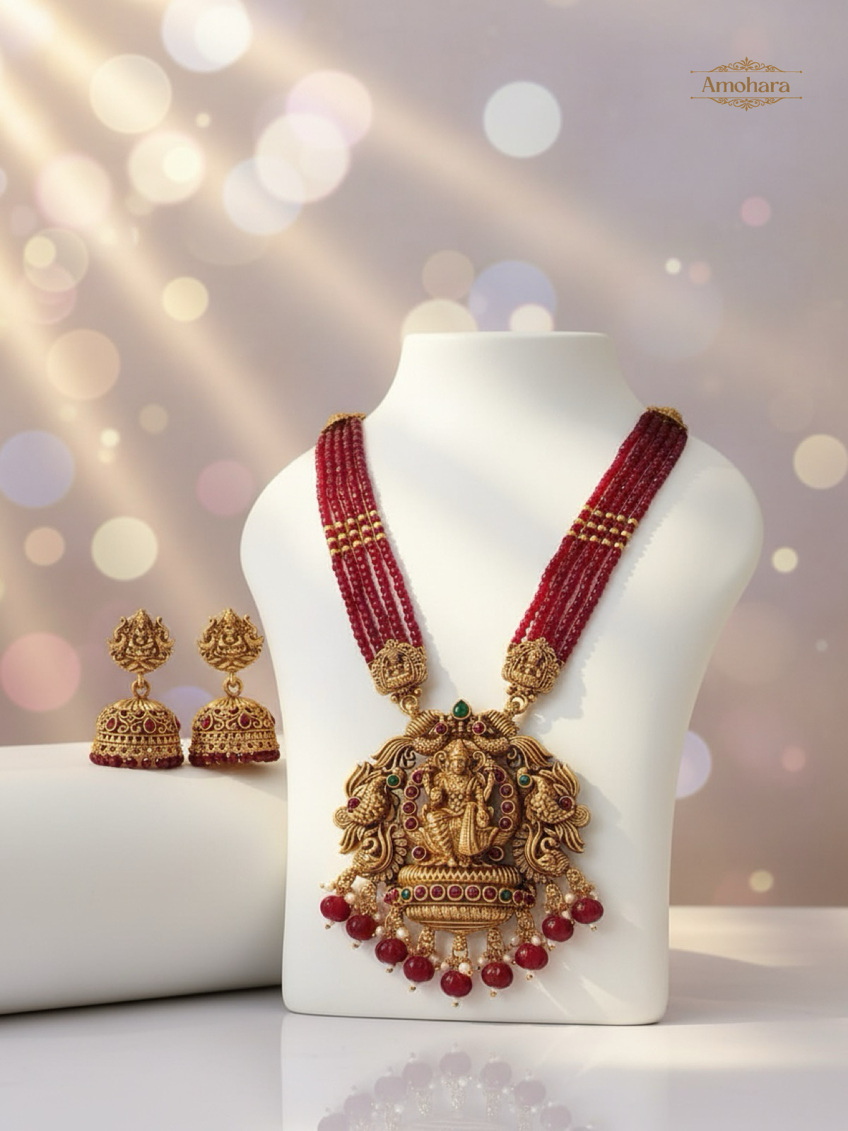 Lakshmi Ruby Beaded Haram with Jhumka Set