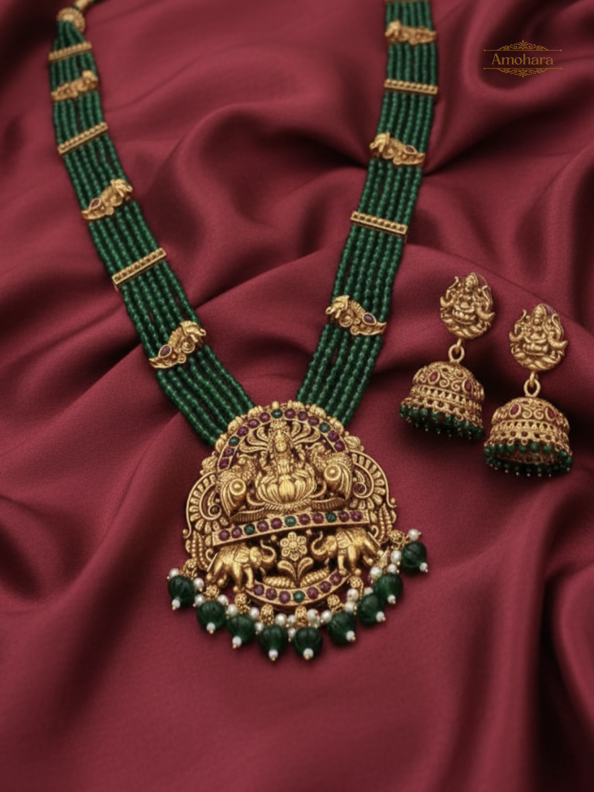 Lakshmi Emerald Beaded Temple Necklace Set